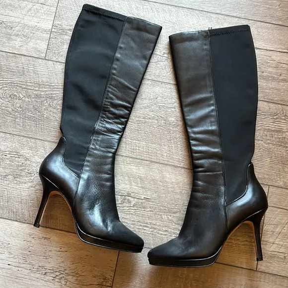 WHBM Ladies 9.5M Bordeaux Leather Stiletto Black Boots