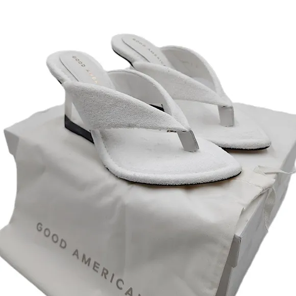 white Good American terrycloth slip on wedge heel | vanilla aesthetic