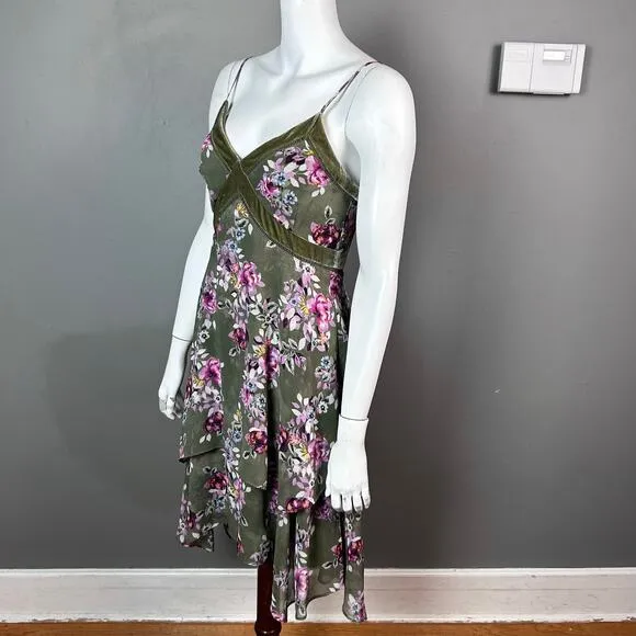 White House Black Market Dress Size 2 Olive Green Floral slip whimsigoth grunge