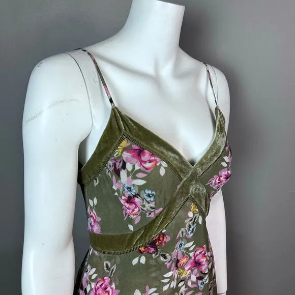 White House Black Market Dress Size 2 Olive Green Floral slip whimsigoth grunge
