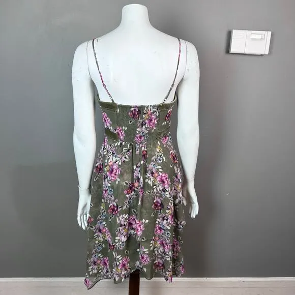 White House Black Market Dress Size 2 Olive Green Floral slip whimsigoth grunge