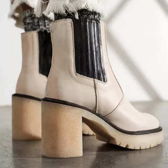 White Leather Free People James Chelsea Heeled Boots in Bone