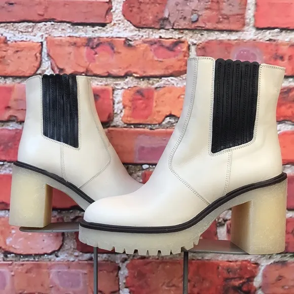 White Leather Free People James Chelsea Heeled Boots in Bone