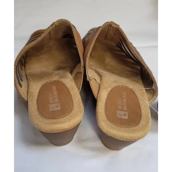 White Mountain Pisces Slip On Tan Leather Sandals 3” Wedge Sz 9 New