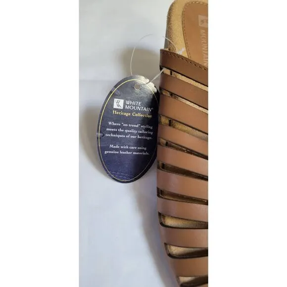 White Mountain Pisces Slip On Tan Leather Sandals 3” Wedge Sz 9 New