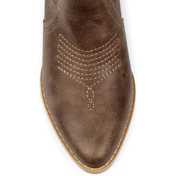 Women Brown Mid-calf Pointy Toe Embroidered Western Cowgirl Boots Chunky Heels
