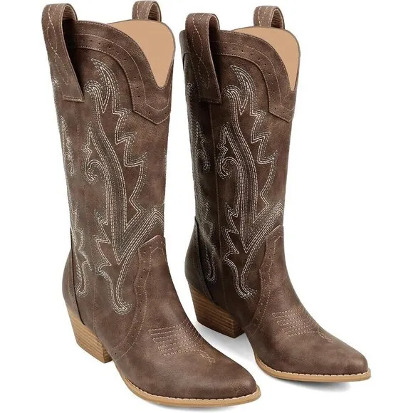 Women Brown Mid-calf Pointy Toe Embroidered Western Cowgirl Boots Chunky Heels
