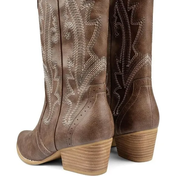 Women Brown Mid-calf Pointy Toe Embroidered Western Cowgirl Boots Chunky Heels