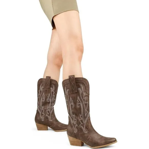 Women Brown Mid-calf Pointy Toe Embroidered Western Cowgirl Boots Chunky Heels