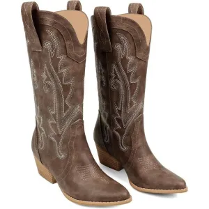 Women Brown Mid-calf Pointy Toe Embroidered Western Cowgirl Boots Chunky Heels