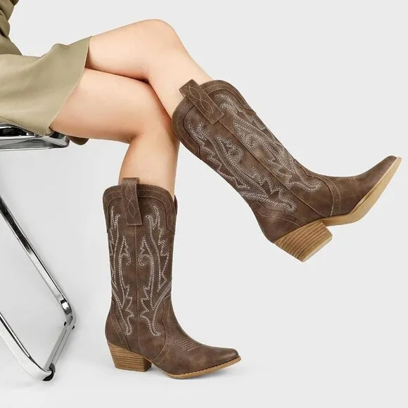 Women Brown Mid-calf Pointy Toe Embroidered Western Cowgirl Boots Chunky Heels