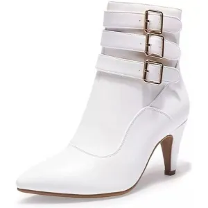 Womens  Ankle Booties Pointed Toe Zipper Heels Boots basic chic white Sz10.