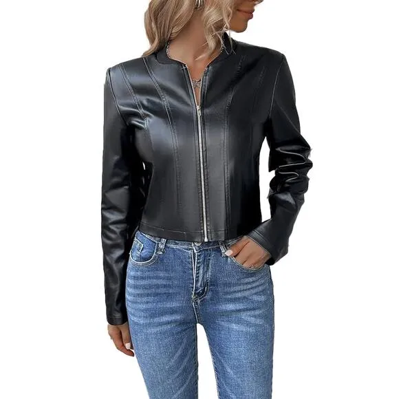 Women's Black Faux Leather Zip Up Cropped Moto Jacket Size S NWT
