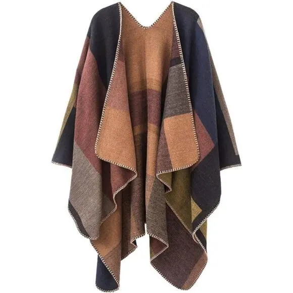 Women's Plaid Sweater Poncho Cape Coat Open Front Blanket Shawls and Wraps
