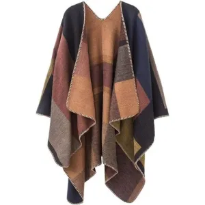 Women's Plaid Sweater Poncho Cape Coat Open Front Blanket Shawls and Wraps