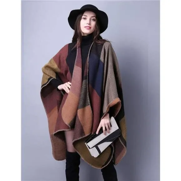 Women's Plaid Sweater Poncho Cape Coat Open Front Blanket Shawls and Wraps