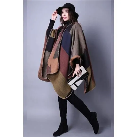 Women's Plaid Sweater Poncho Cape Coat Open Front Blanket Shawls and Wraps