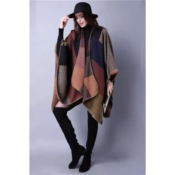 Women's Plaid Sweater Poncho Cape Coat Open Front Blanket Shawls and Wraps