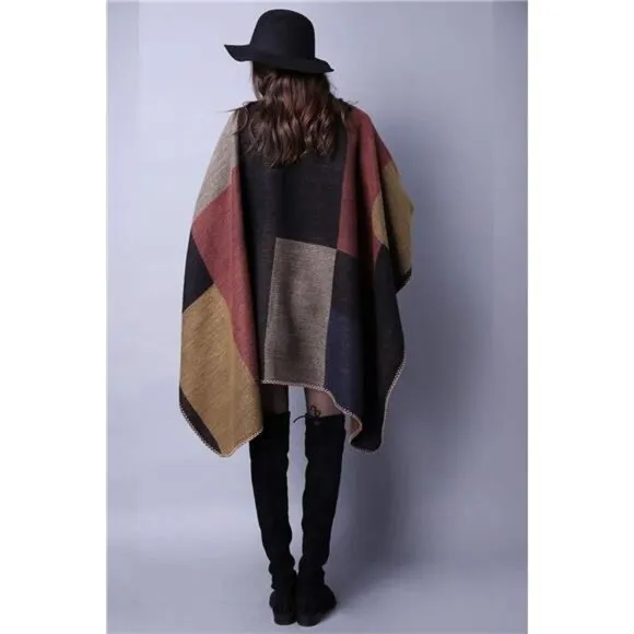 Women's Plaid Sweater Poncho Cape Coat Open Front Blanket Shawls and Wraps