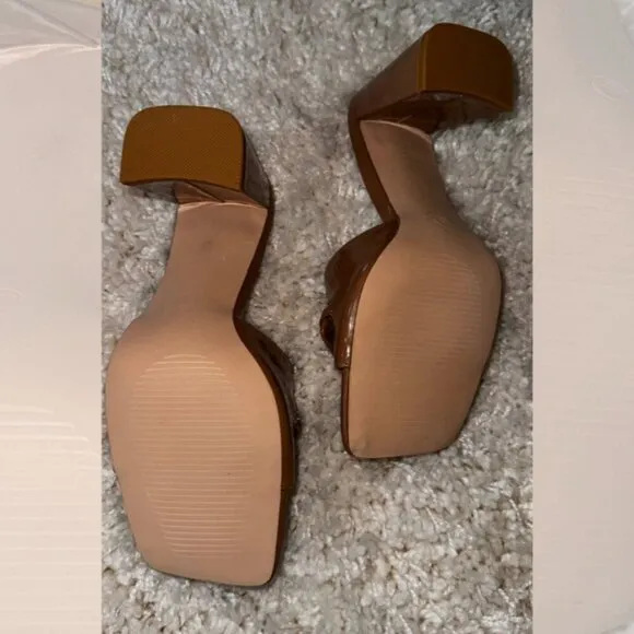 Womens Size 8 Chain Chunky Heel Open Square Toe Slip On Mule Sandals Brown Tan