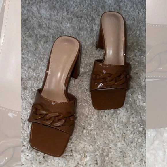 Womens Size 8 Chain Chunky Heel Open Square Toe Slip On Mule Sandals Brown Tan