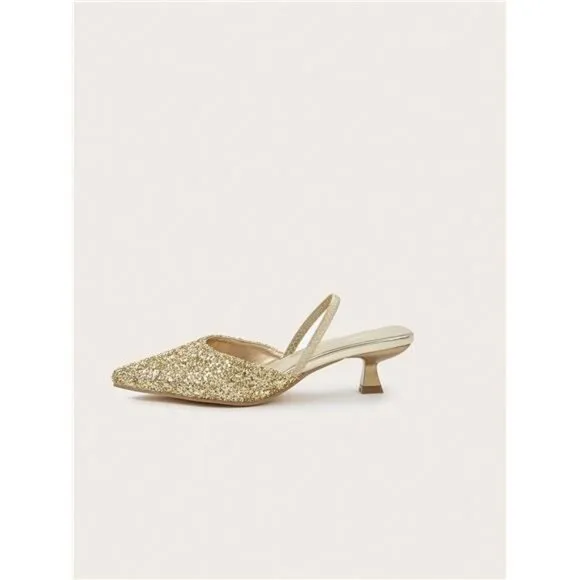 Women's Sparkling Stiletto Heels, Solid Color Pointed Toe Slip-On Sandals