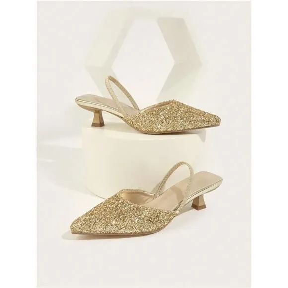 Women's Sparkling Stiletto Heels, Solid Color Pointed Toe Slip-On Sandals
