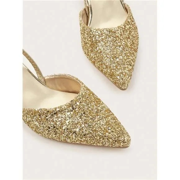 Women's Sparkling Stiletto Heels, Solid Color Pointed Toe Slip-On Sandals