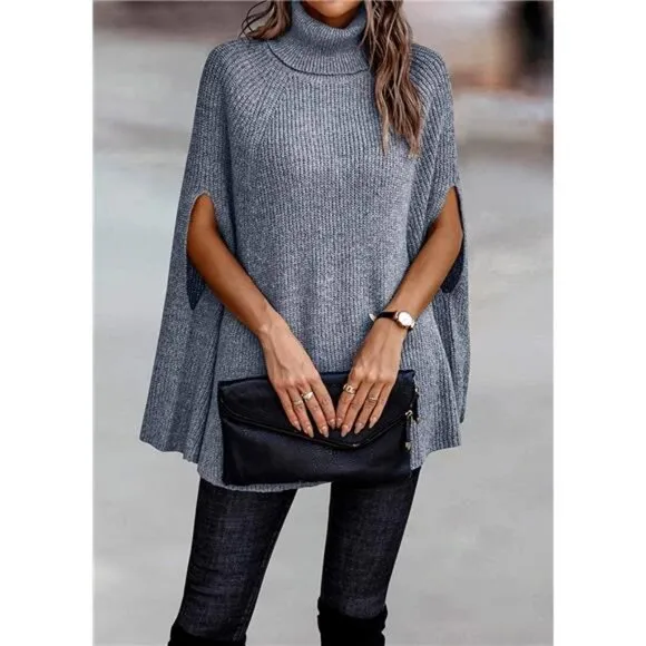 Women's Turtleneck Poncho Sweater Knit Cape Wrap Pullover - Gray Blue