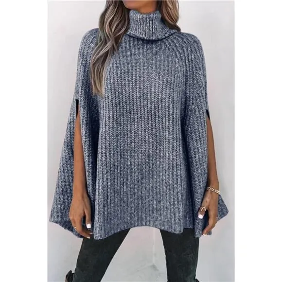 Women's Turtleneck Poncho Sweater Knit Cape Wrap Pullover - Gray Blue