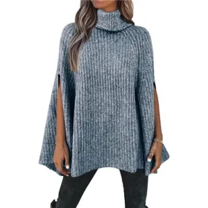 Women's Turtleneck Poncho Sweater Knit Cape Wrap Pullover - Gray Blue