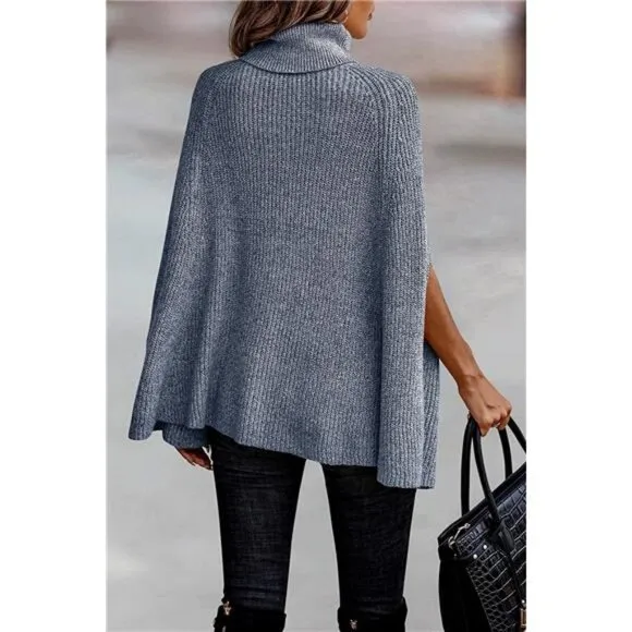 Women's Turtleneck Poncho Sweater Knit Cape Wrap Pullover - Gray Blue