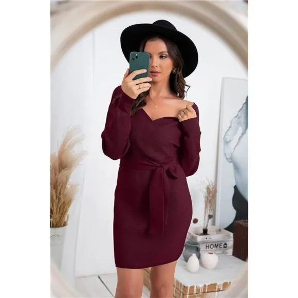 Women's V Neck Batwing Long Sleeve Sexy Wine Red