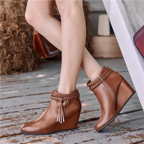 Womens Wedge Ankle Boots Braided Fringe Strap Western Heeled Fall Booties Dress