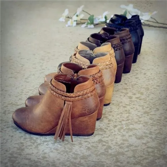 Womens Wedge Ankle Boots Braided Fringe Strap Western Heeled Fall Booties Dress