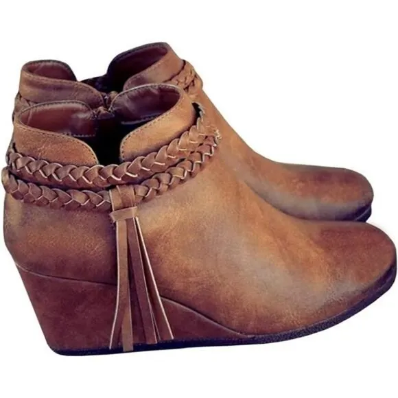 Womens Wedge Ankle Boots Braided Fringe Strap Western Heeled Fall Booties Dress