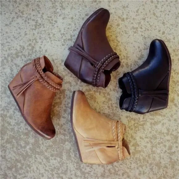 Womens Wedge Ankle Boots Braided Fringe Strap Western Heeled Fall Booties Dress