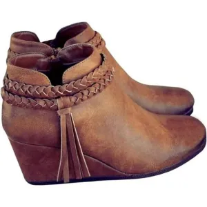 Womens Wedge Ankle Boots Braided Fringe Strap Western Heeled Fall Booties Dress