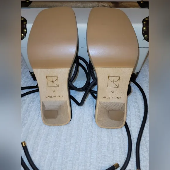 Yvonne Kone Womens Italian Giana Black Leather Strap Peg Heel Shoes Size 36 US 6