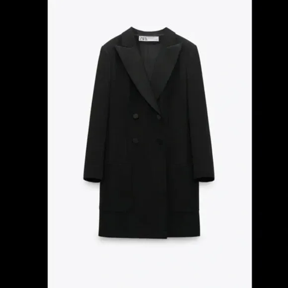 ZARA BLACK COLLARED DOUBLE-BREASTED BLAZER JACKET DRESS WITH POCKETS SIZE M NWT
