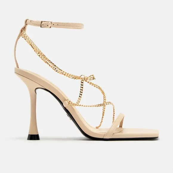 🖤ZARA CHAIN TRIM HEELED LEATHER SANDALS