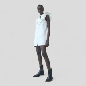 ZARA Denim Prairie Sleeveless Flounced Button Front Shirt Dress M Oyster White