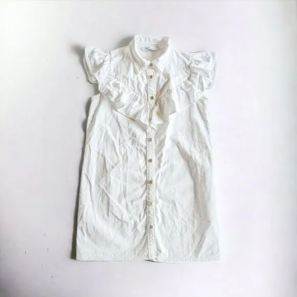 ZARA Denim Prairie Sleeveless Flounced Button Front Shirt Dress M Oyster White