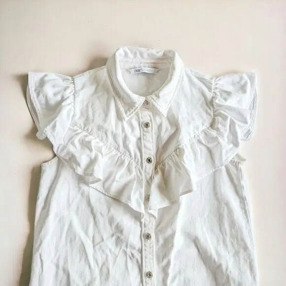 ZARA Denim Prairie Sleeveless Flounced Button Front Shirt Dress M Oyster White