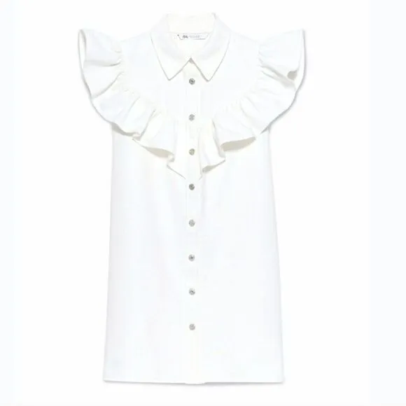 ZARA Denim Prairie Sleeveless Flounced Button Front Shirt Dress M Oyster White