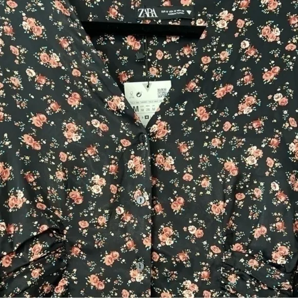 Zara Floral Print Mini Dress Black Medium Button Front