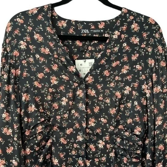 Zara Floral Print Mini Dress Black Medium Button Front