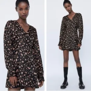 Zara Floral Print Mini Dress Black Medium Button Front