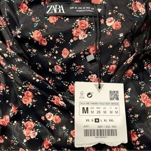 Zara Floral Print Mini Dress Black Medium Button Front