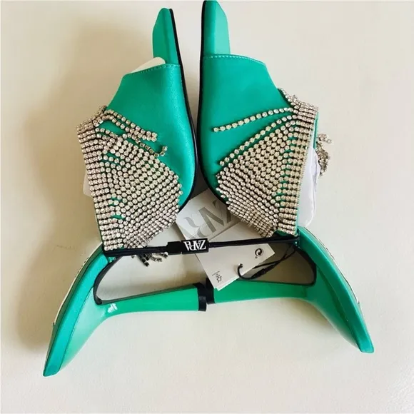 Zara Green Crystals Embellishing Heel Slip On Sandals SZ US 7.5/38